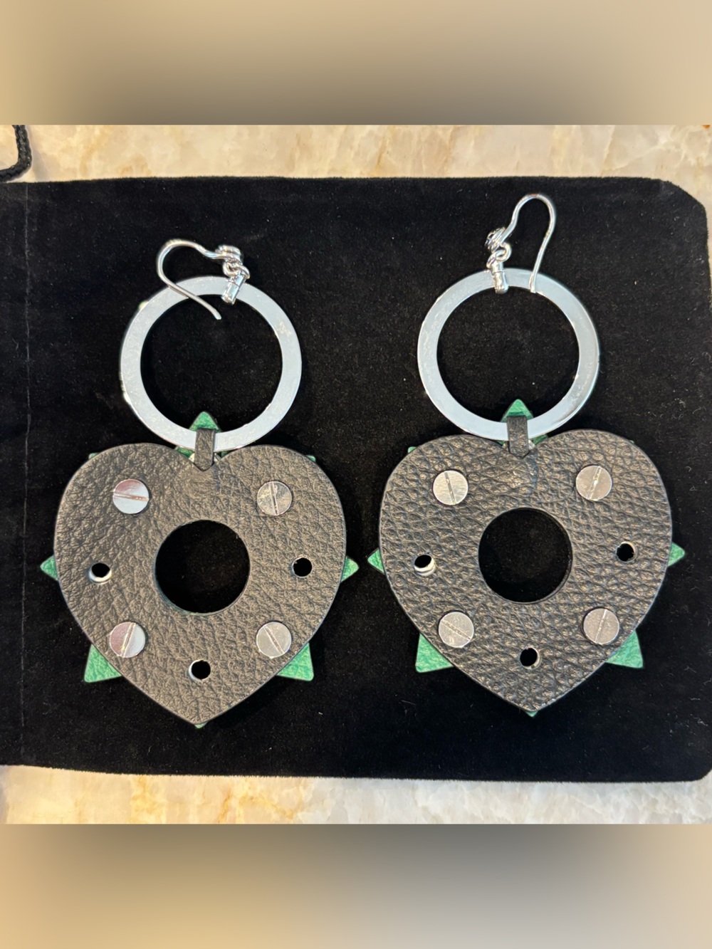 Henri Bendel Leather Studded Heart-Shaped Green & Yellow Drop Earrings - Picture 2 of 4